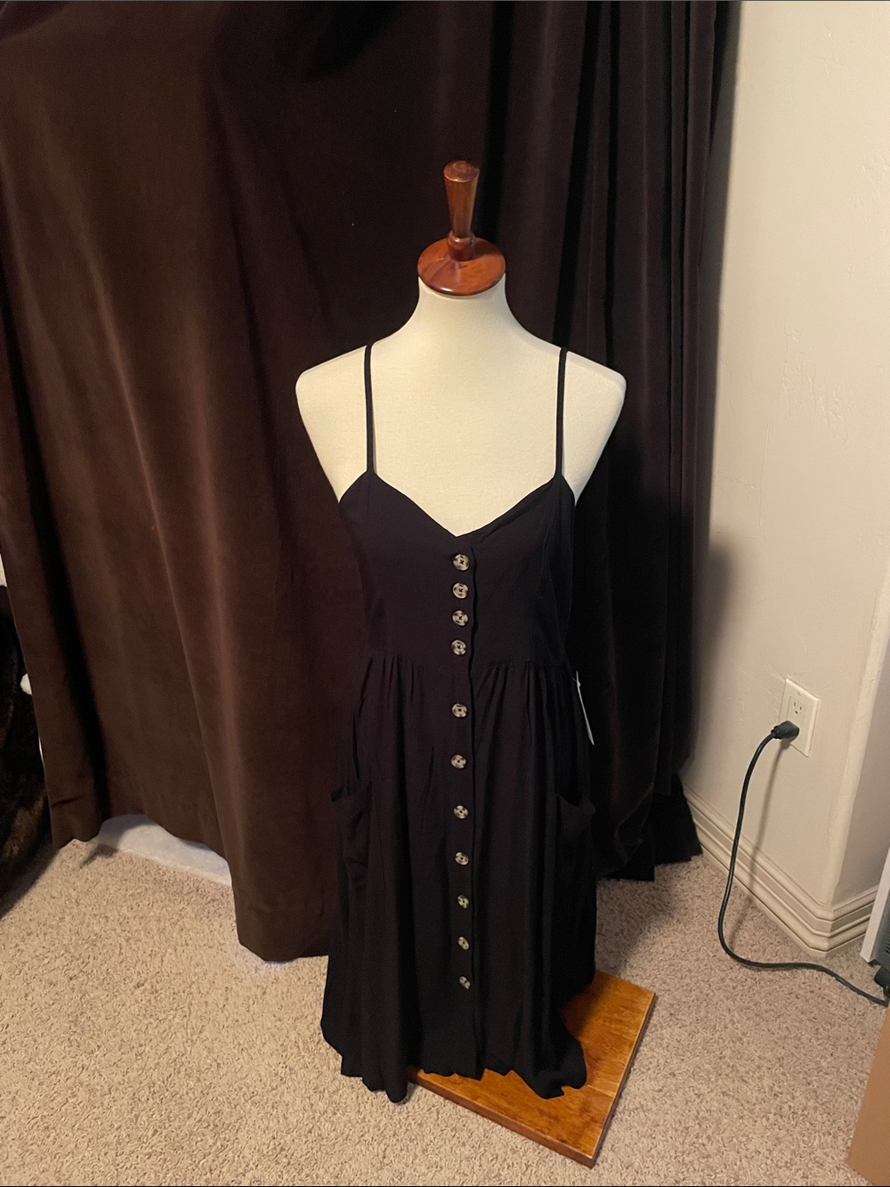 Black Spaghetti Strap Button-Front Dress